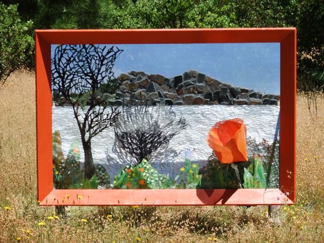 Artist, Alicia Farnsworth created this Steel Landscape Diarama of Clearlake with Mosaic Mt. Konocti freestanding with a large wood frame. It is nstalled from June through October at the Middletown County Park as part of Lake County EcoArts 2010 sculpture walk.